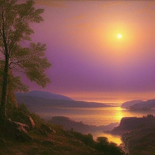 Lilac Moonrise Painting in Golden Mystical Light