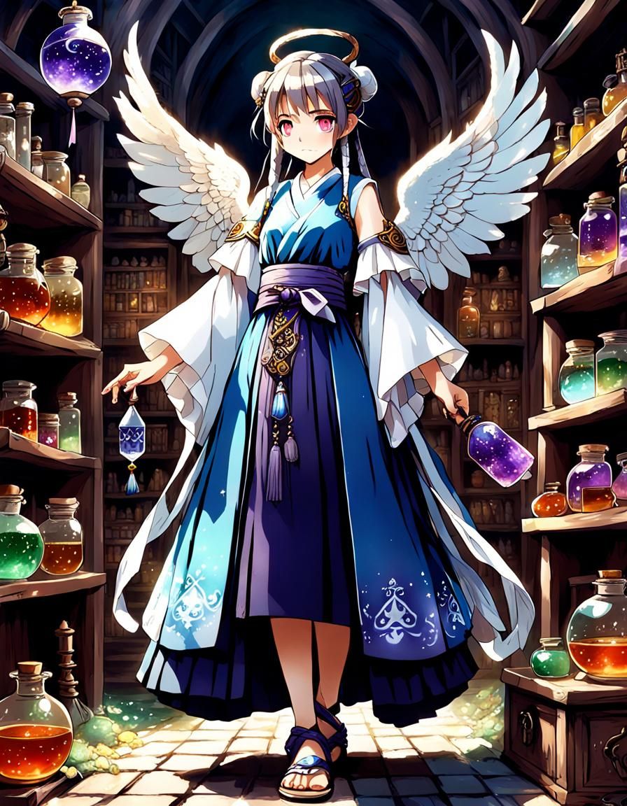 High Fantasy Sorceress in a Whimsical Apothecary