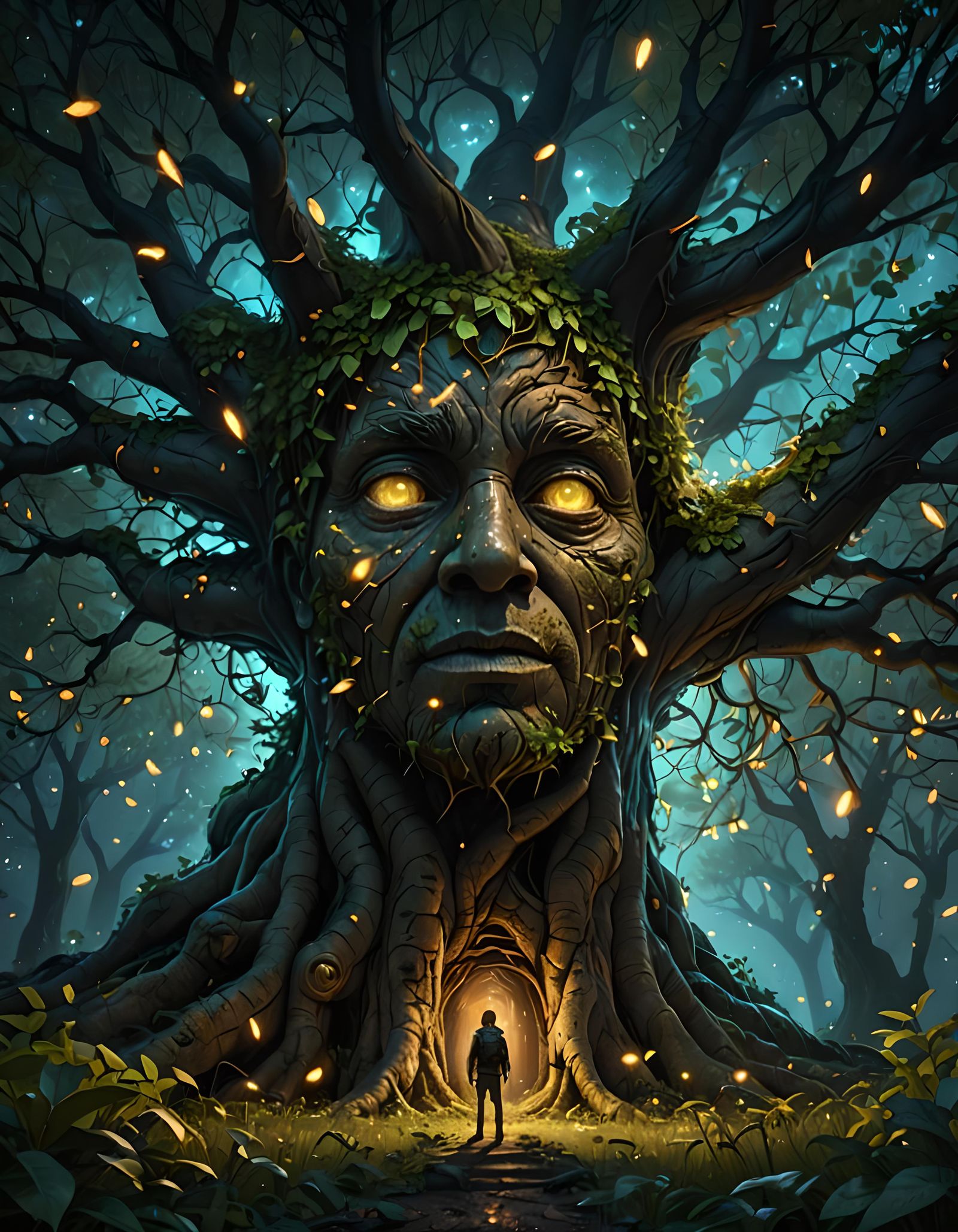 Tree with Human Face and Fireflies