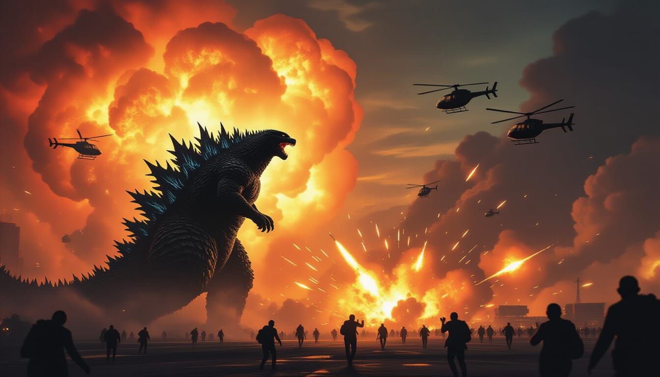 Godzilla Against Nuclear Blast in Dramatic Style