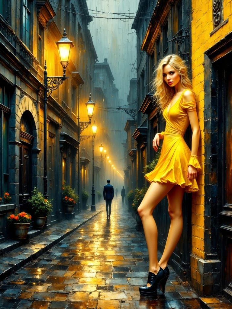 Melancholic Woman in Rainy Alleyway Impasto Painting