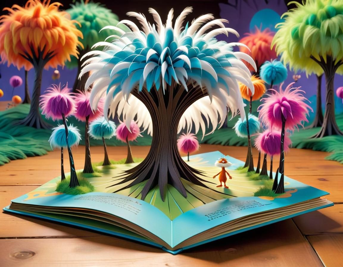 Whimsical Pop-Up Book Scene in Seuss Style