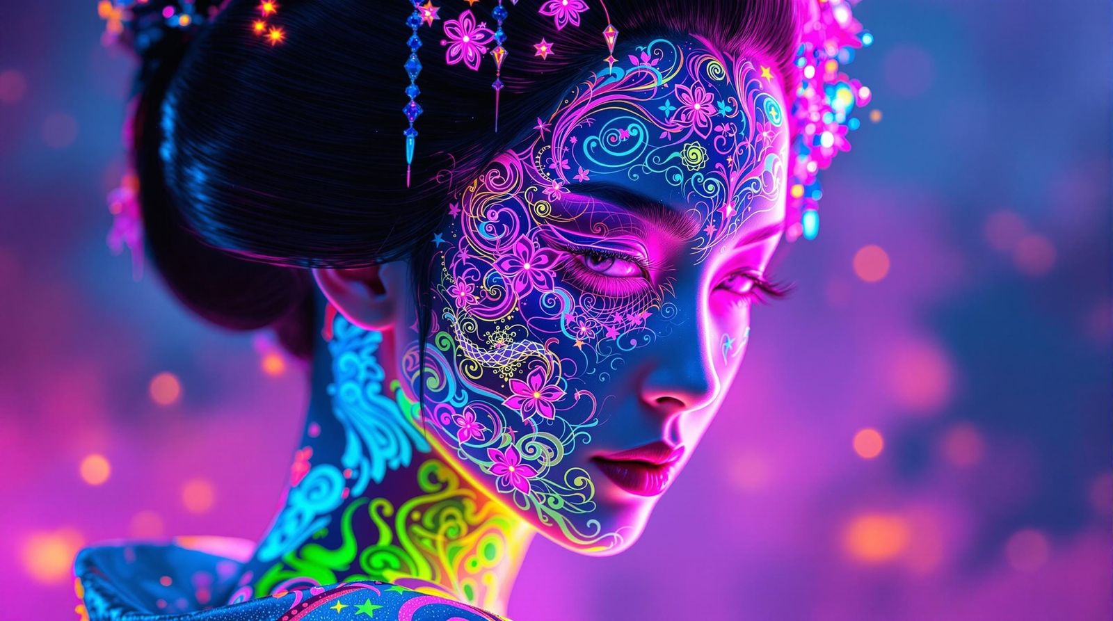 Psychedelic Neon Geisha Portrait in Cyber-Traditional Style