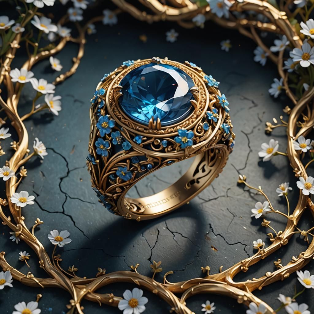 Gold Ring with Blue Gem and Floral Details