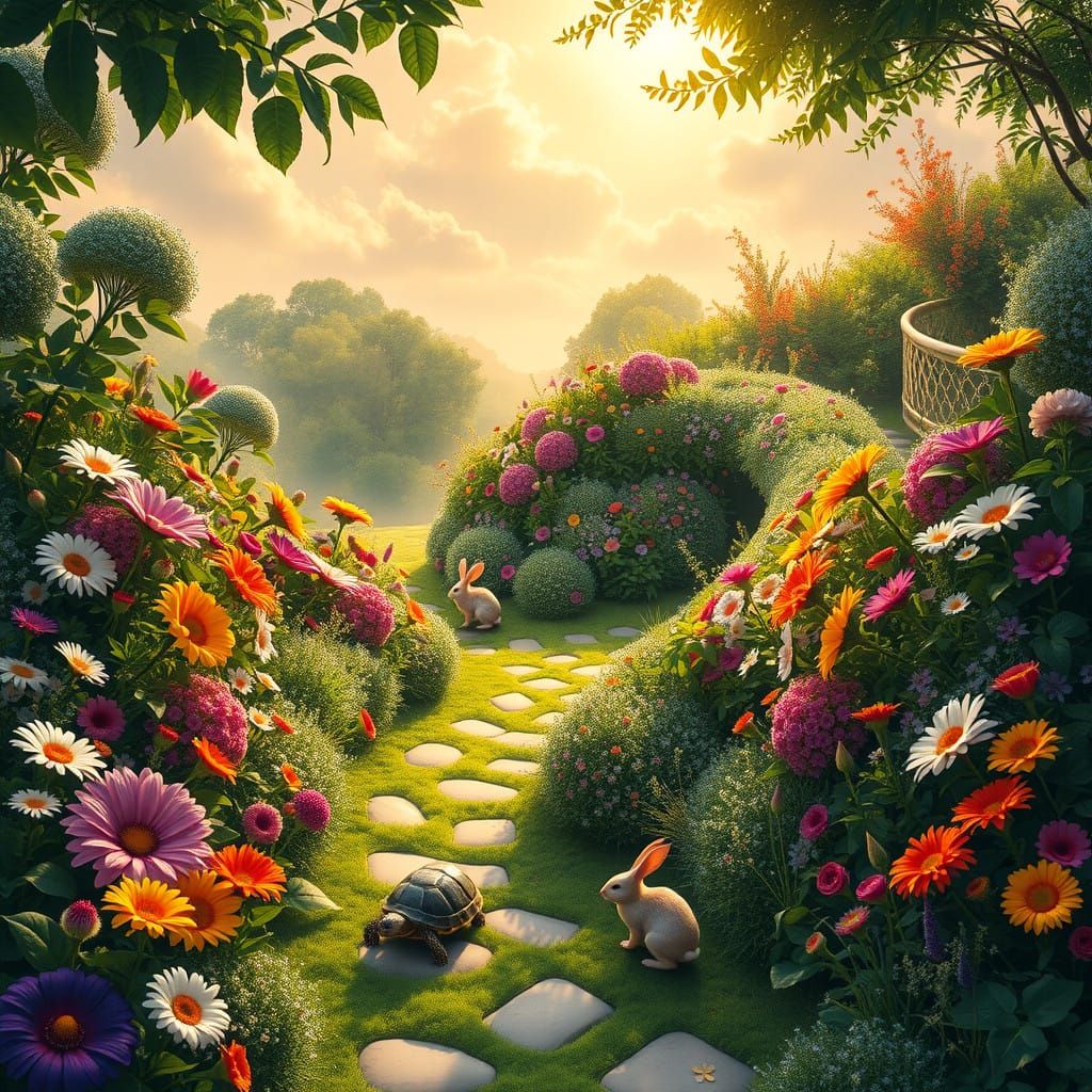 Vibrant Whimsical Garden in Spiral Pattern with Colorful Flo...