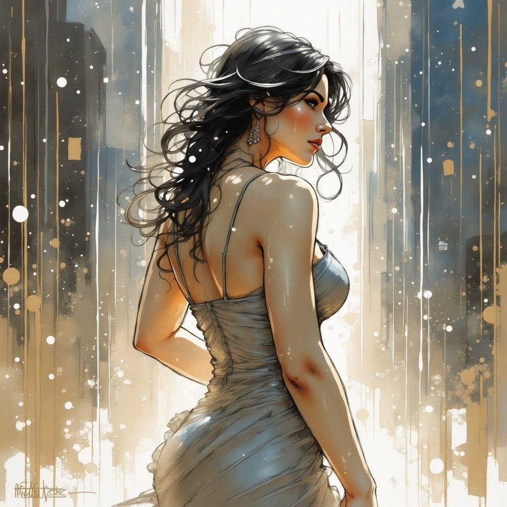 Ethereal Vogue: A Voluptuous Woman in Rainy Splendor