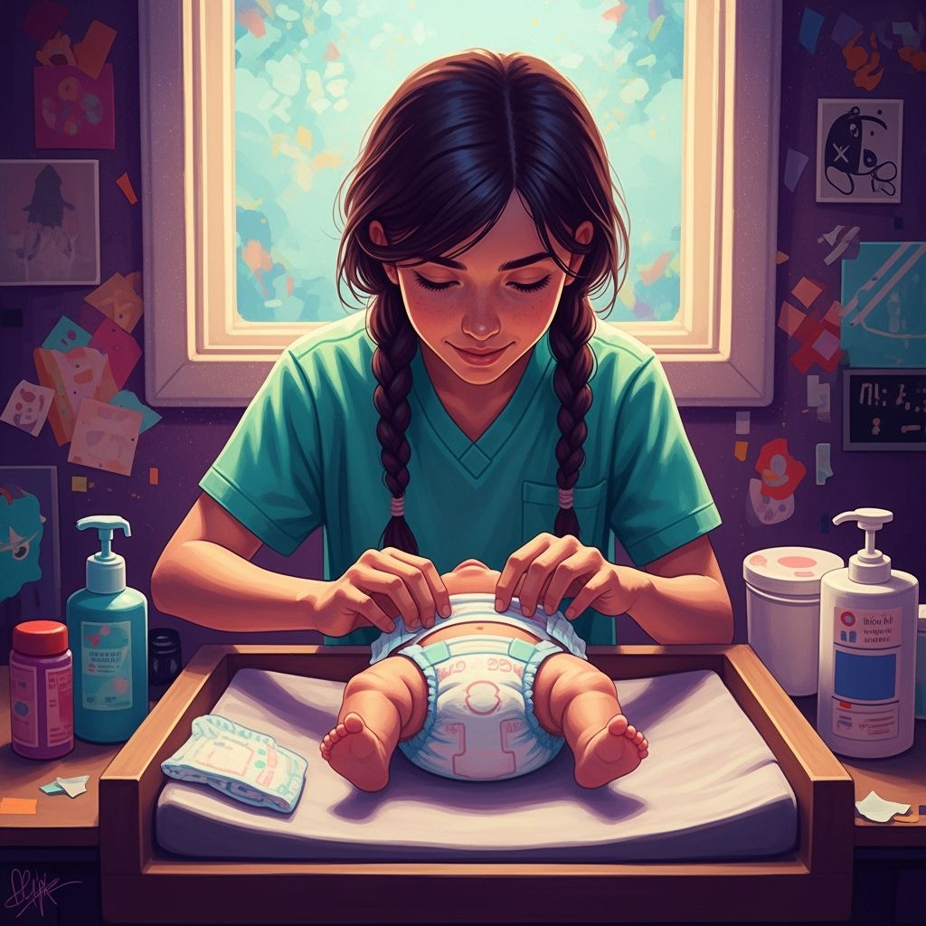 Teenage Caregiver Changing Diaper: Hyperrealistic Digital Ar...