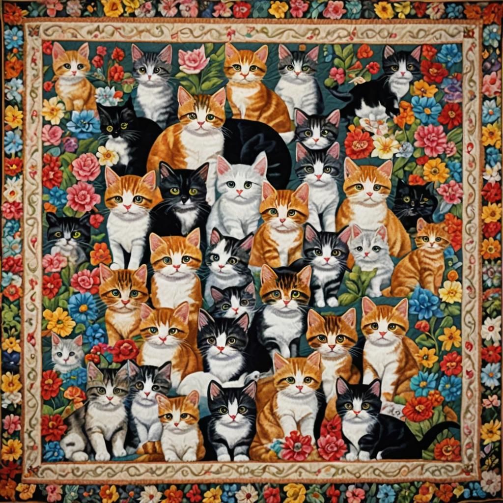 Elaborate Kitten Quilt Needlepoint Design