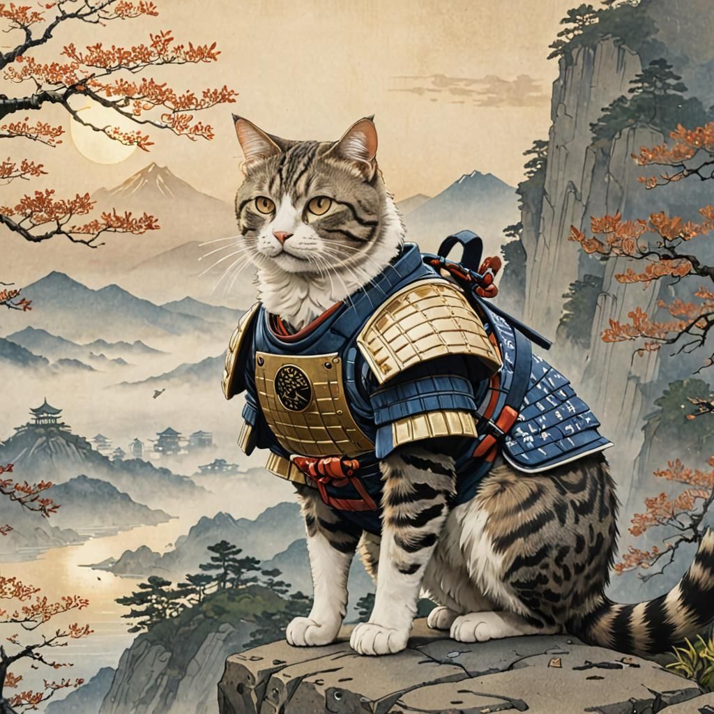 Samurai Cat in Ukiyo-e Woodblock Style