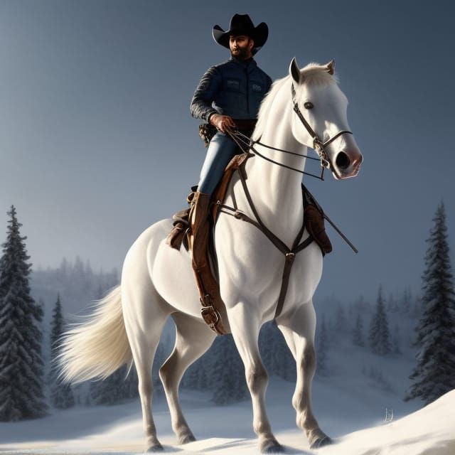Cowboy on Horse in Winter Snow, Cel-Shaded
