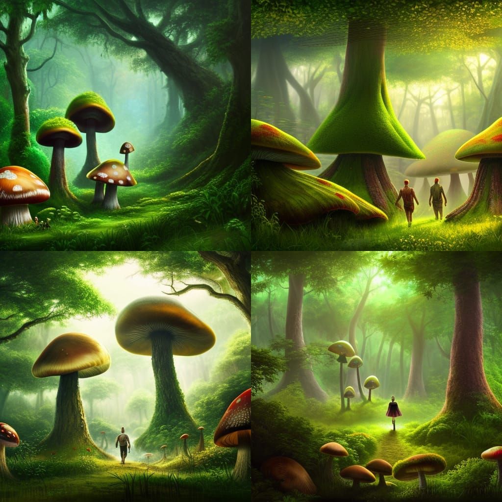 Giant Mushroom People in Lush Forest