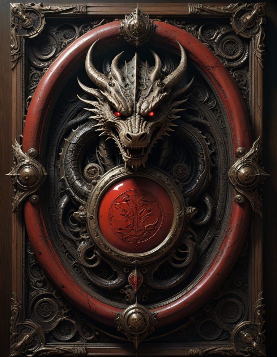 Dark Fantasy Red Medallion in Baroque Antique Wood Frame