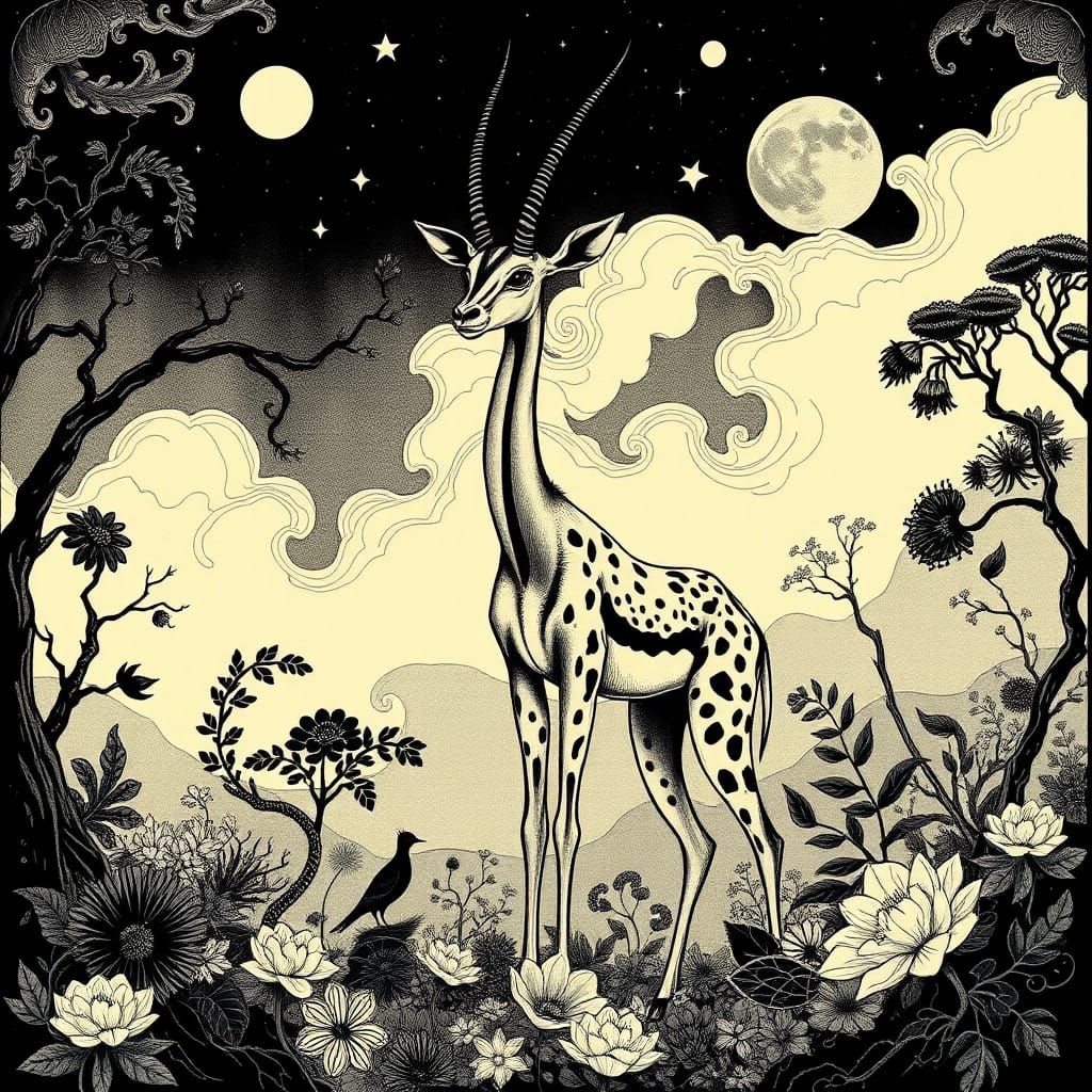 Gerenuk in Mystical Landscape: Ink Drawing