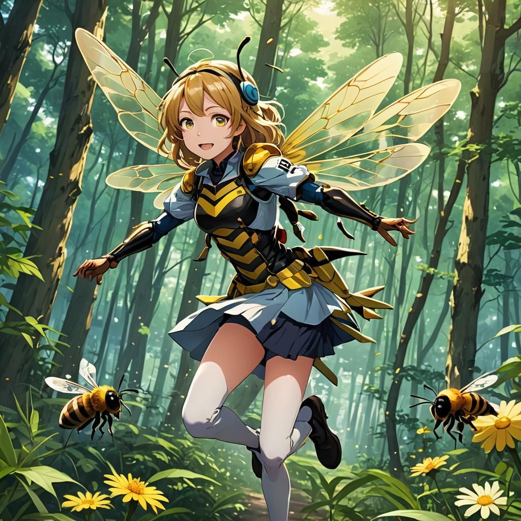 Firefly and Bee Speeding Through Forest: Anime Style