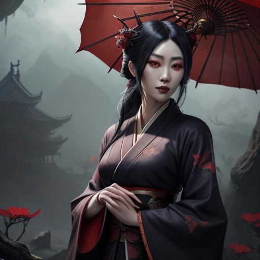 Vampire Woman with Fans: Detailed Fantasy Art