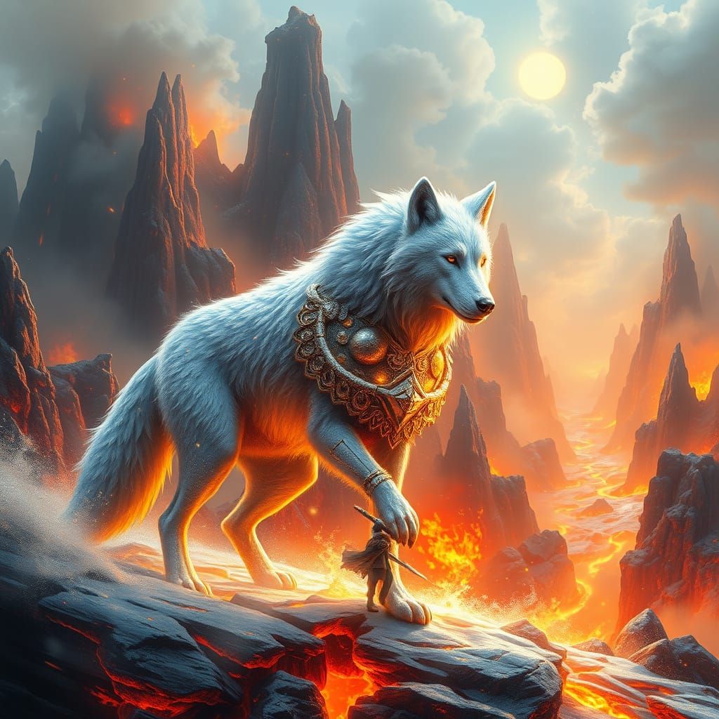 Surreal Pyronia Realm with Majestic Ice Wolf and Fiery Lands...