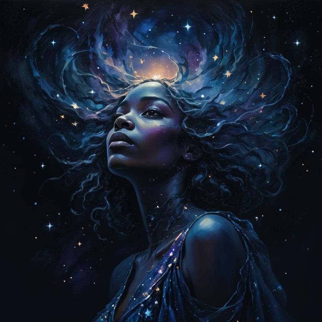 Night Goddess Portrait in Cosmic Surrealism Style