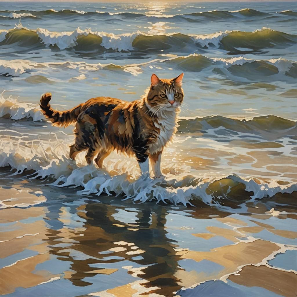 Cat and Dog Ride the Ocean: Impressionist Oil Painting