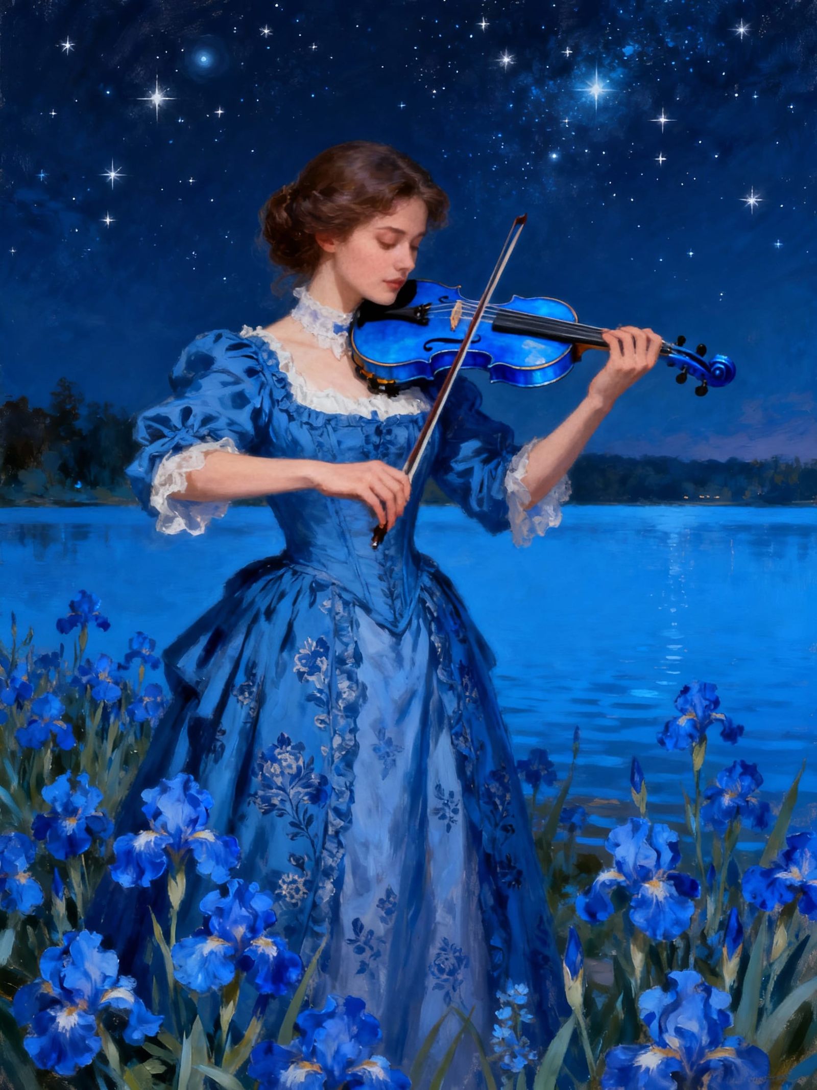 Woman in Blue Victorian Dress Plays Violin by Blue Lake