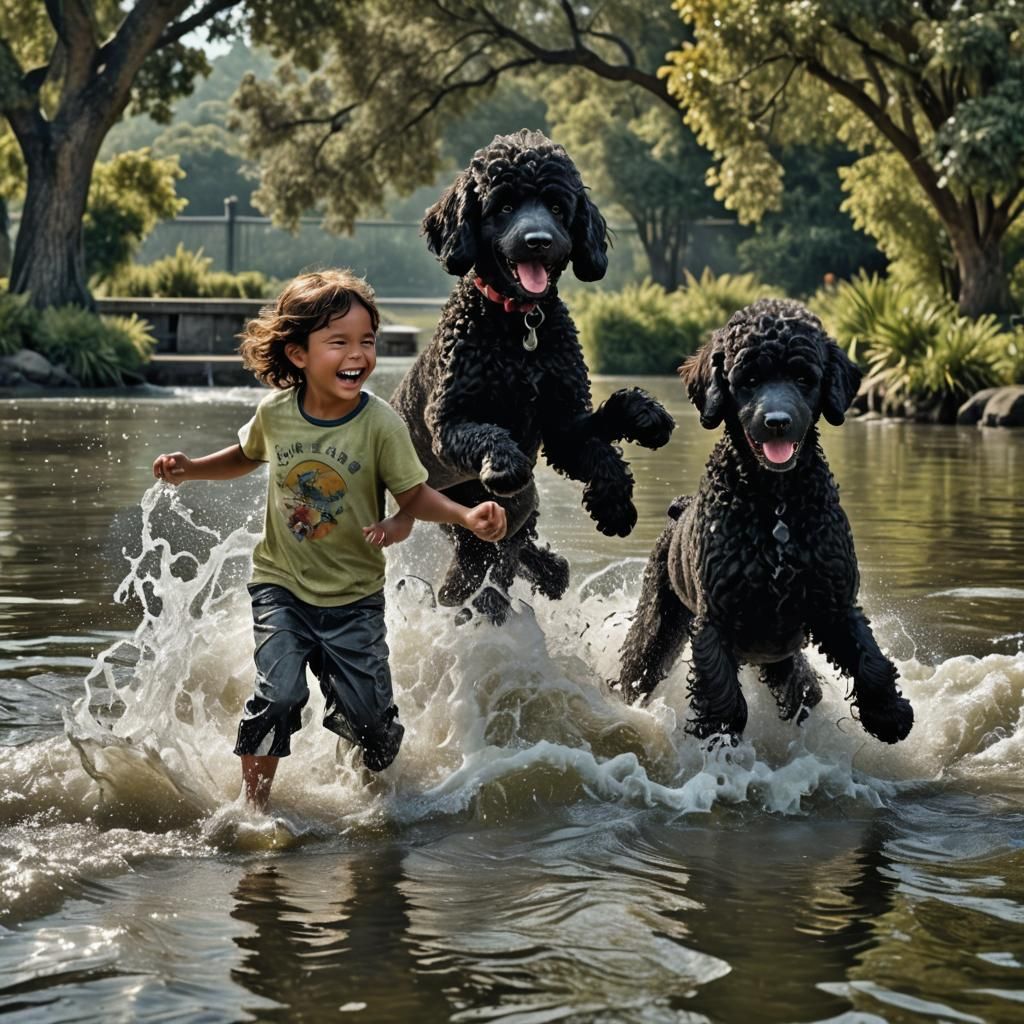 Children Play with Poodles: Hyperrealistic, Cinematic Image