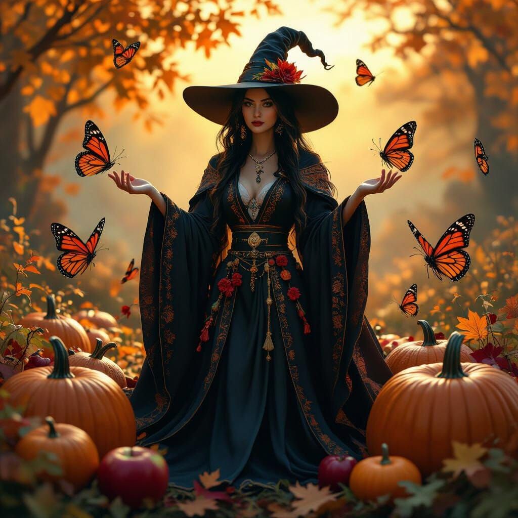 Autumn Equinox Witch in Matte Painting Style