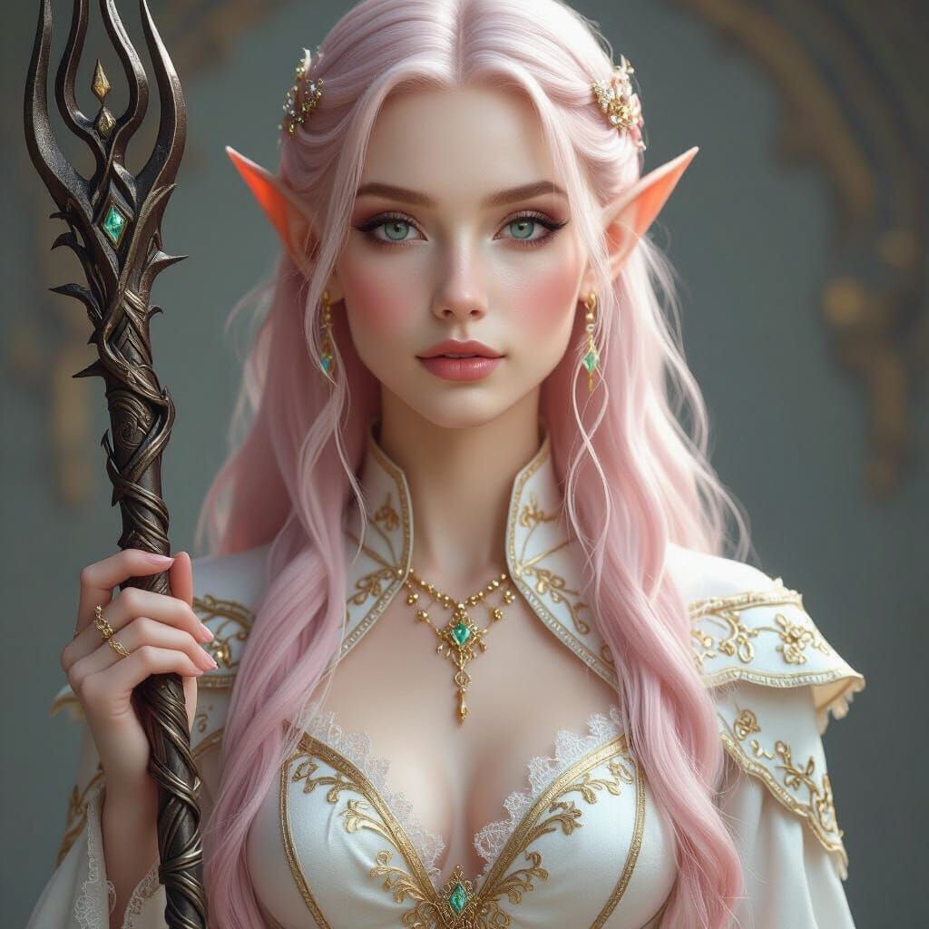 Elegant Female Elf Holding Magical Staff by Mother Tree