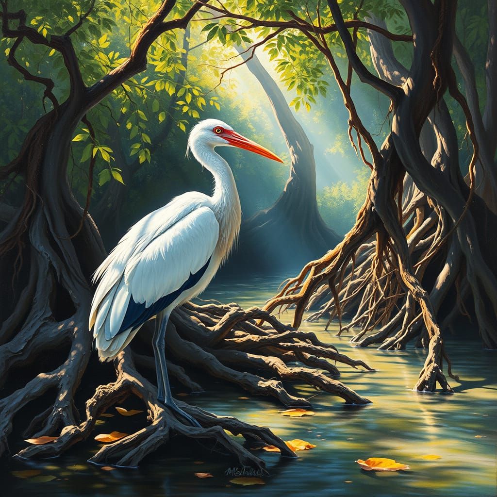 Majestic Ibis Amidst Mangrove Roots in Impressionist Oil Pai...