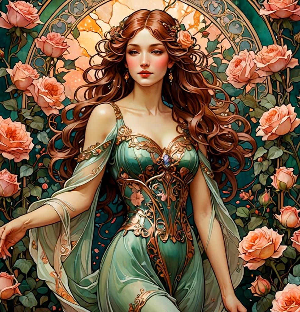 Resplendent Woman in Rose Garden: Alcohol Ink Art