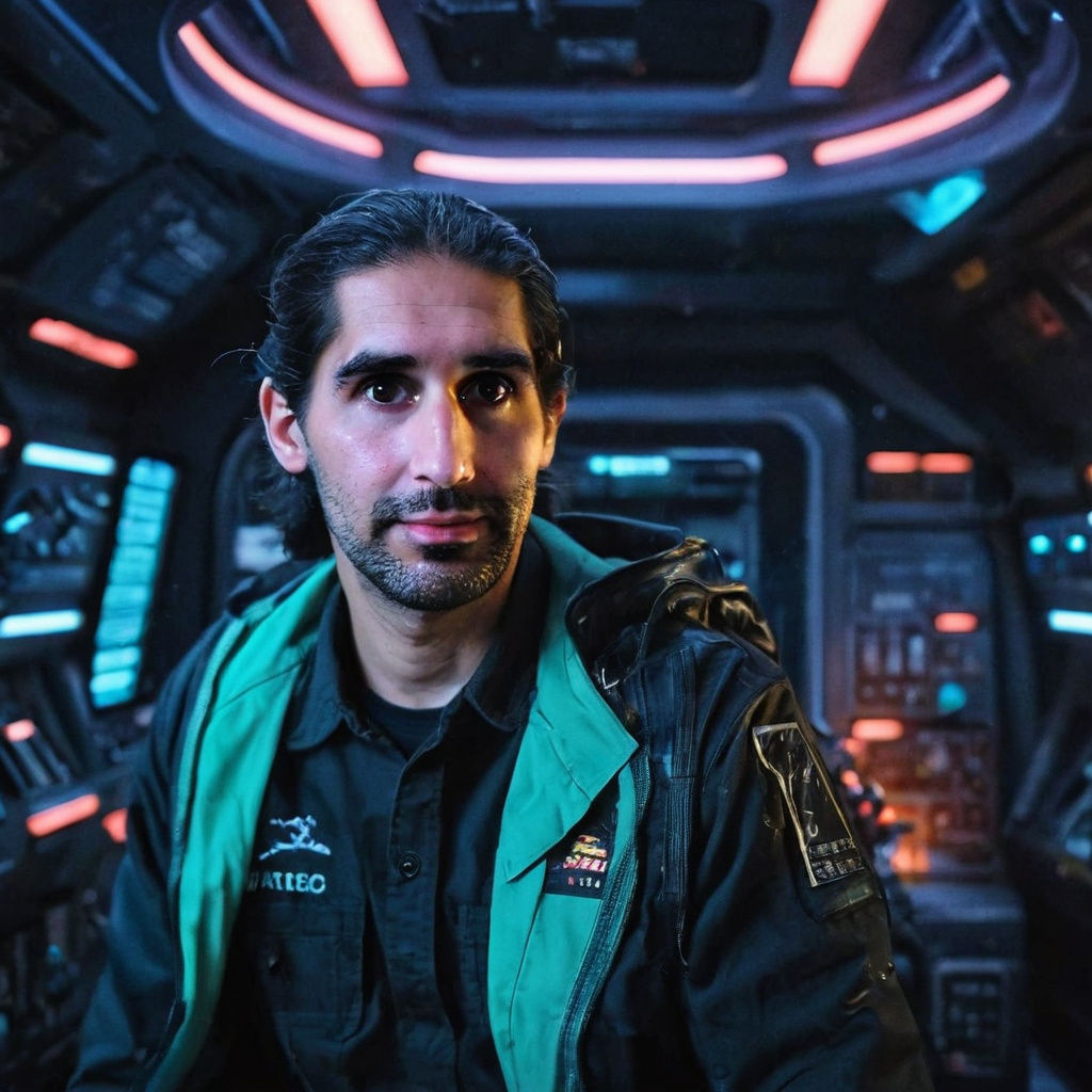 Spaceship Captain in Neon-Lit Spacecraft Interior