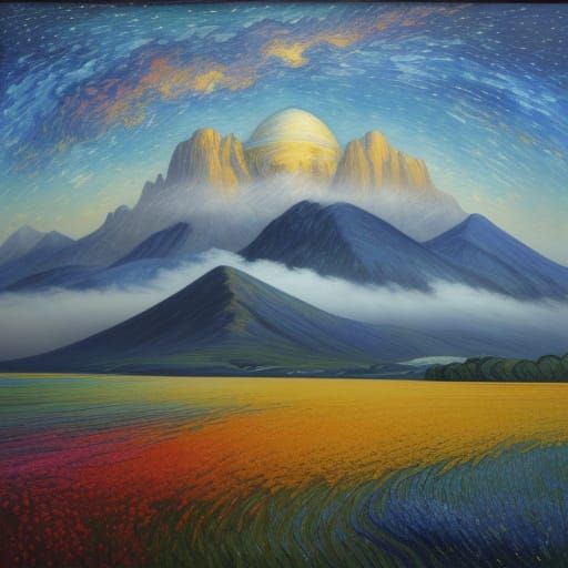 Divine Landscape at Dawn in Neo-Impressionist Style