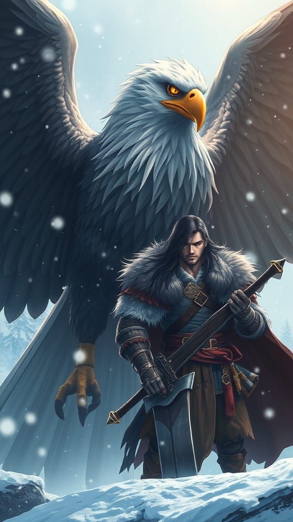 Eagle Protector: Anime-Style Warrior in Snowy Wilderness