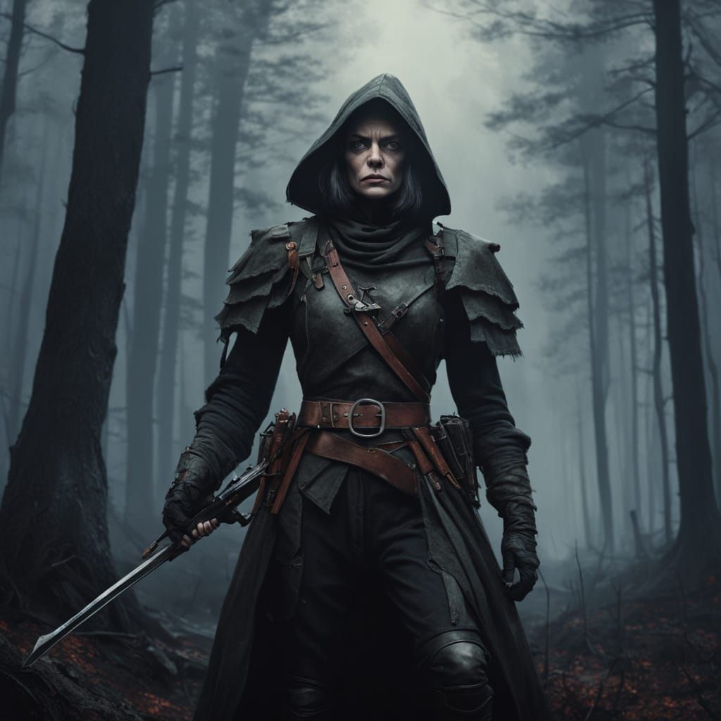 Female Witch Hunter in Dark Forest, Frazetta Style