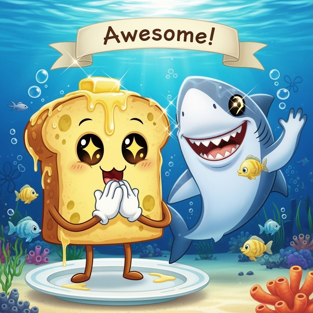 Animated Rye Toast with Shark Underwater, Whimsical Art Styl...