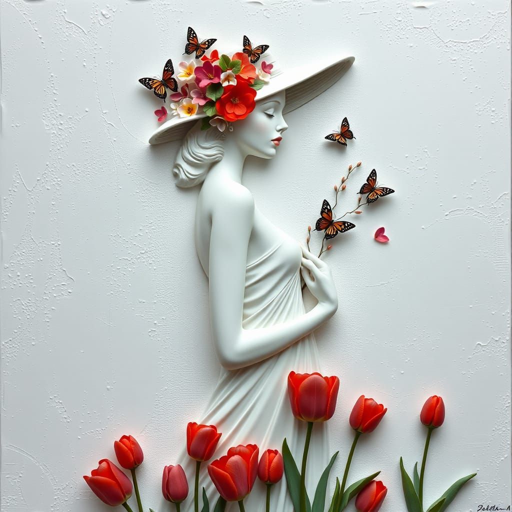 Woman with Flowers and Butterflies in Bas-Relief Style