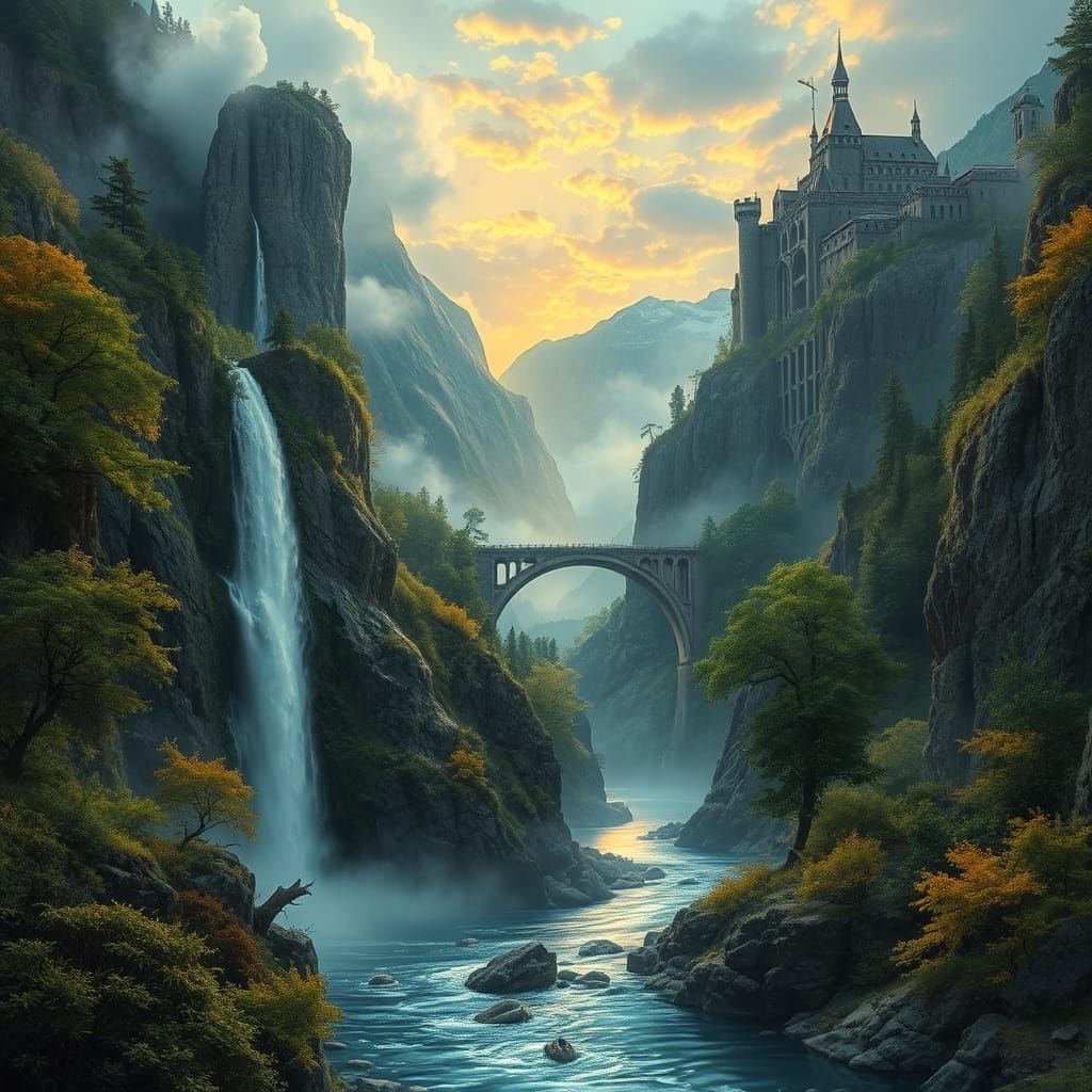 Surreal Waterfall Landscape in a Dreamlike Fusion of Fantasy...
