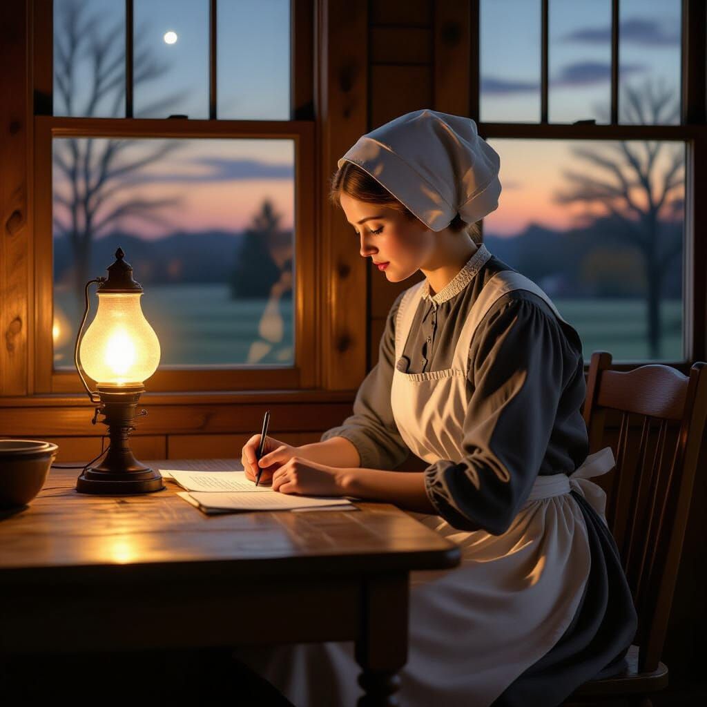 Amish Woman Writing by Oil Lamp in Dusk Light