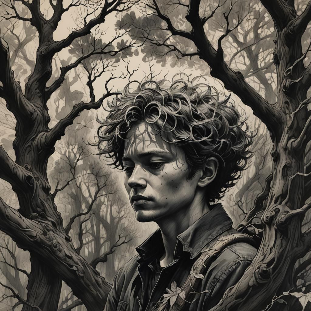 Singer Under Wild Wood Tree: Charcoal Drawing