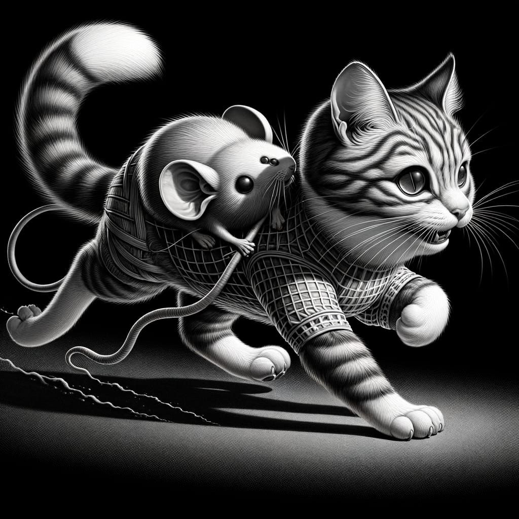 Monochrome Cat-Mouse Hunt in 19th Century Cartoon Style