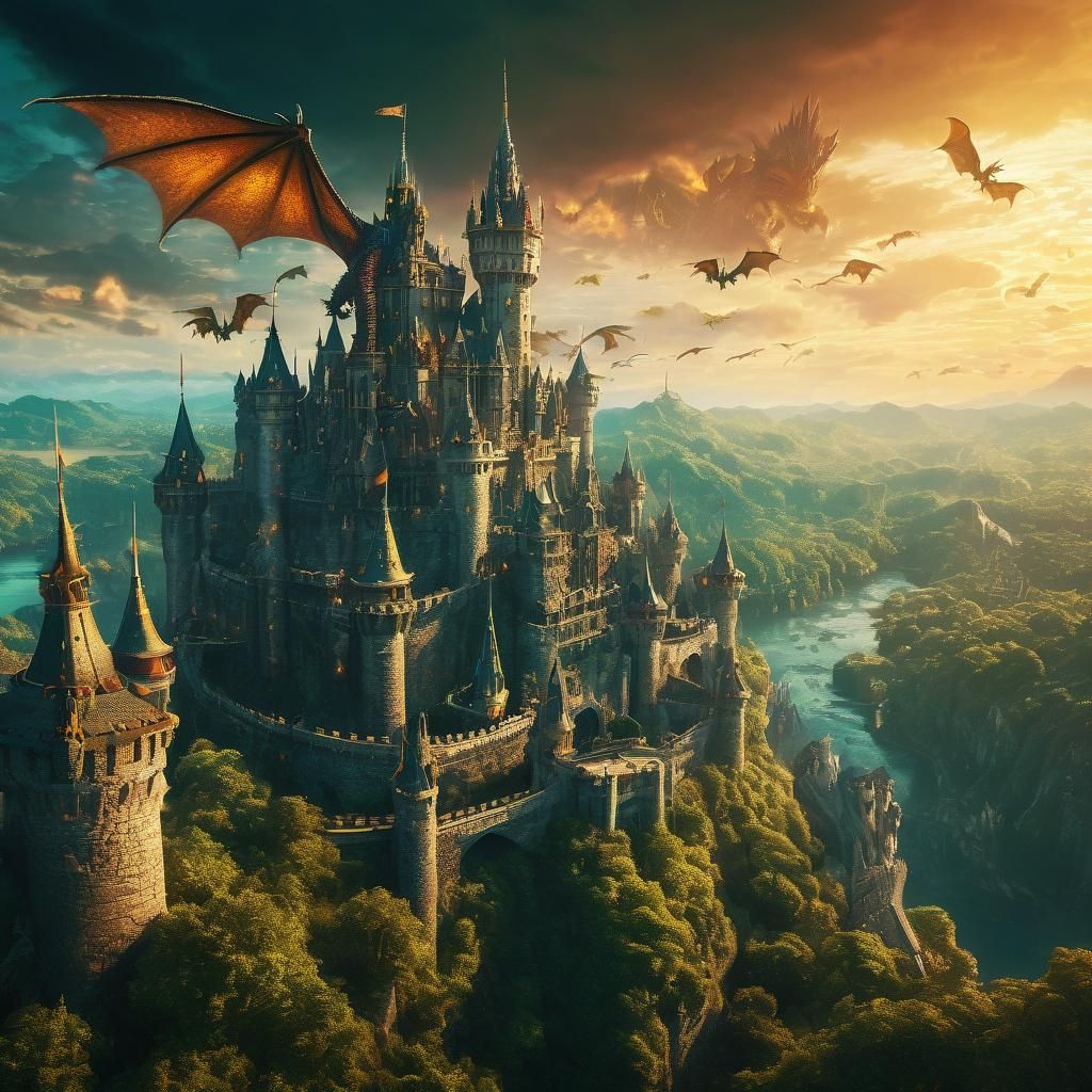 Majestic Dragon Castle with Iridescent Dragons