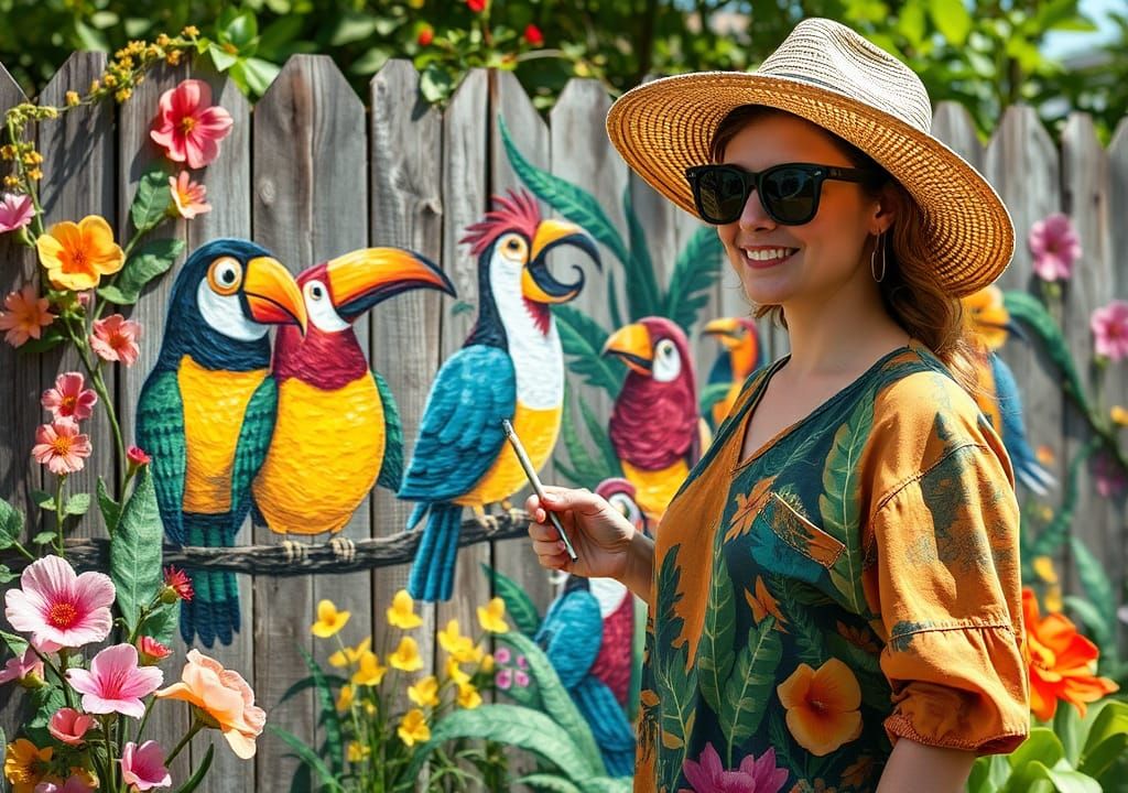 Impasto Garden Mural with Cartoon Jungle Birds