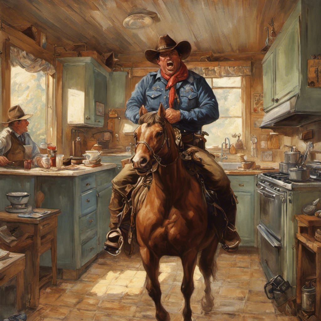 Obese Cowboy Sheriff Shouting Indoors, Hyperdetailed Art