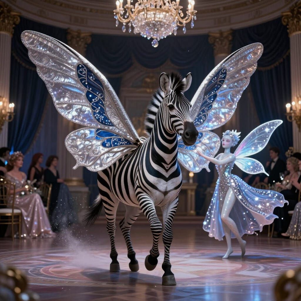 Zebra with Moth-like Fairy Wings in Lavish Ballroom