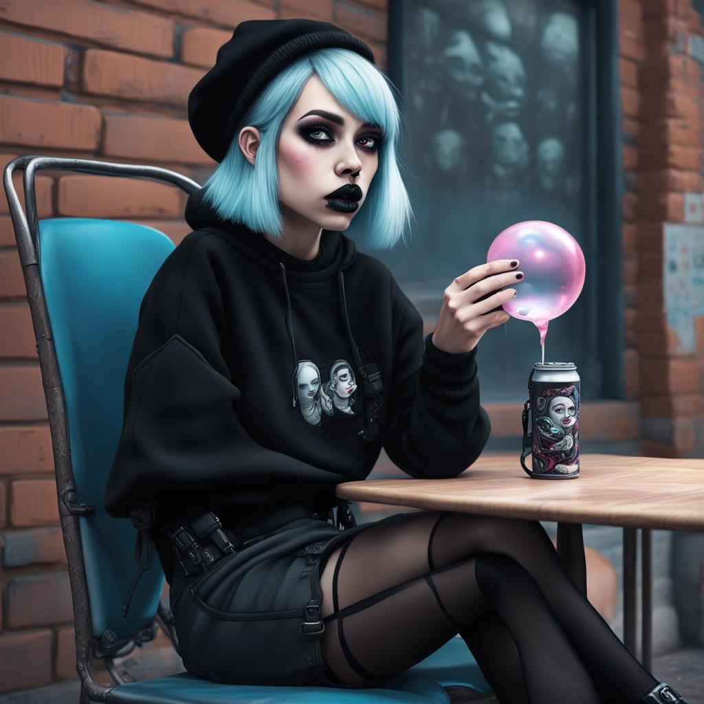 Emo Girl Blowing Bubblegum: Detailed Fantasy Art