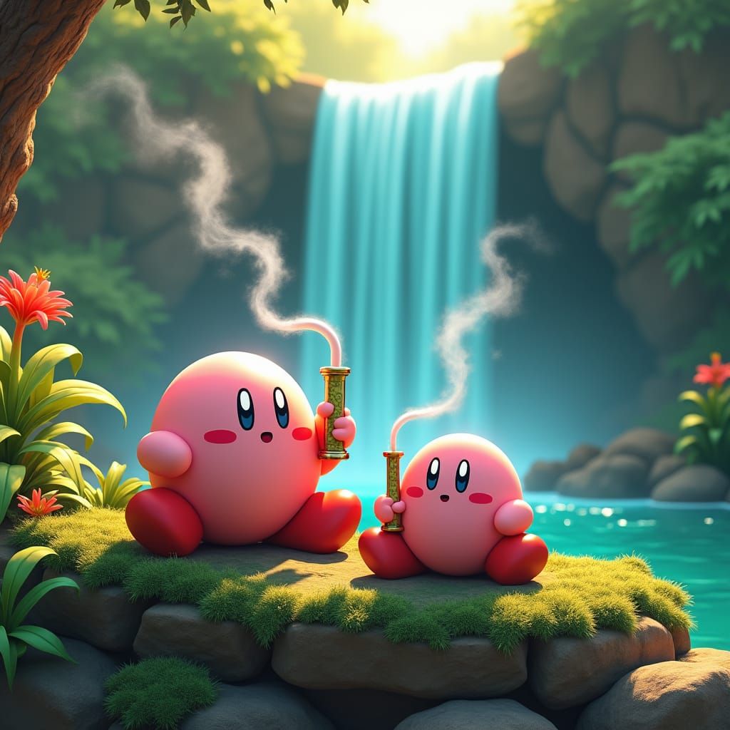Kirbys Smoking by a Waterfall: Fantasy Concept Art
