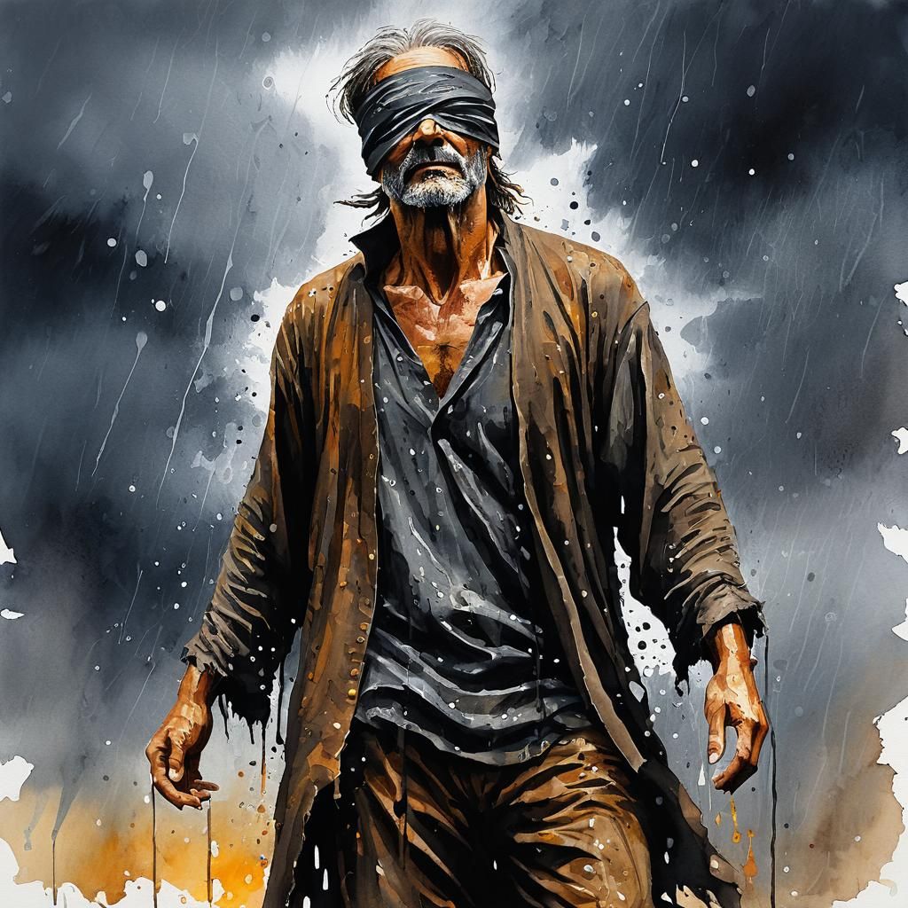 Blindfolded Beggar Gazing Skyward in Watercolour