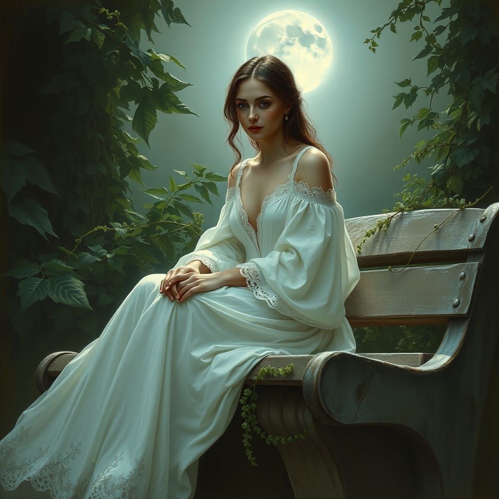 A Melancholic Woman Under the Moonlit Glow