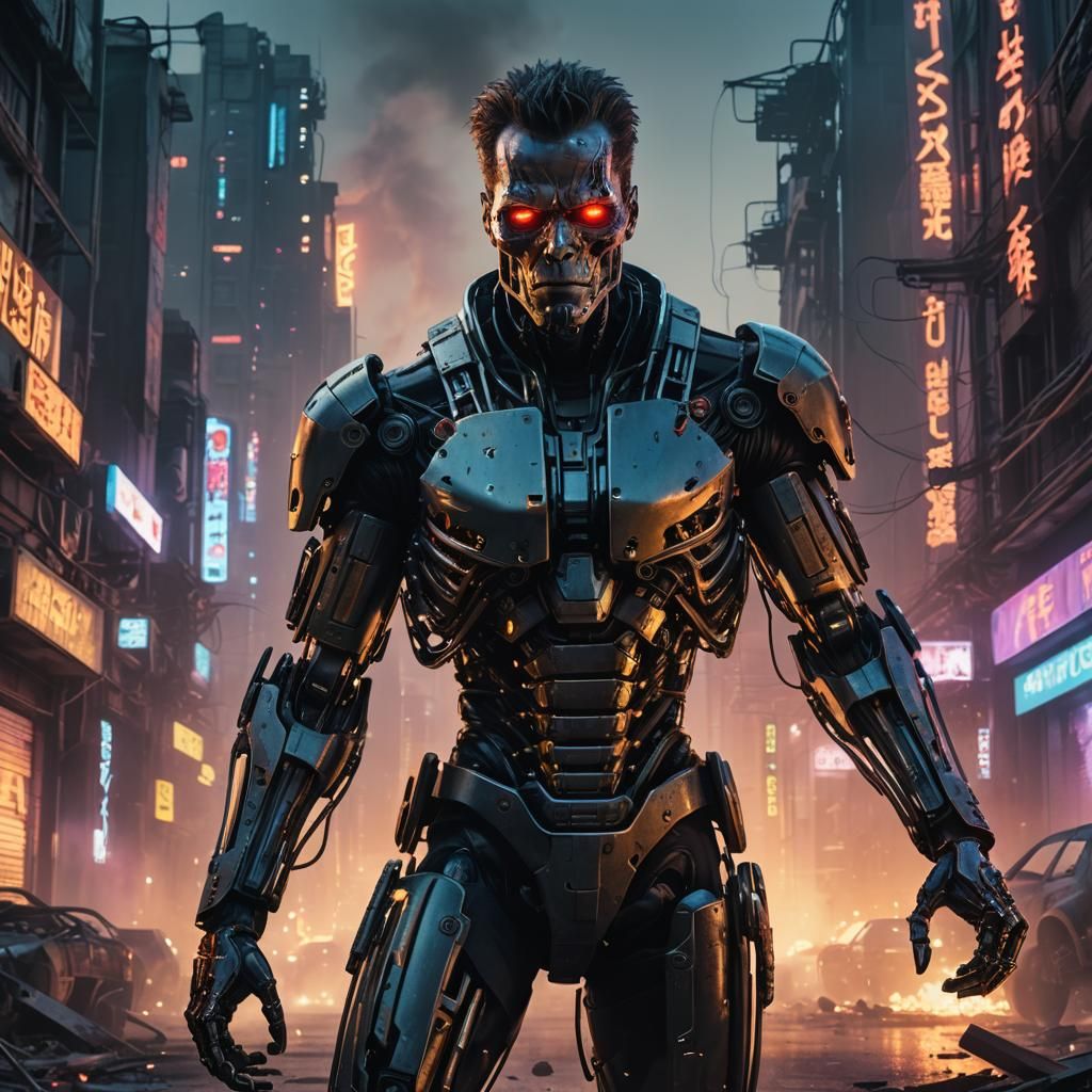Cyberpunk Terminator T800 Portrait in Ruined Cityscape