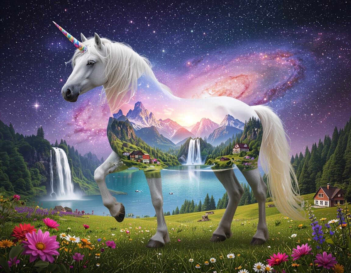 Unicorn Dreamscape: Double Exposure Fantasy Landscape