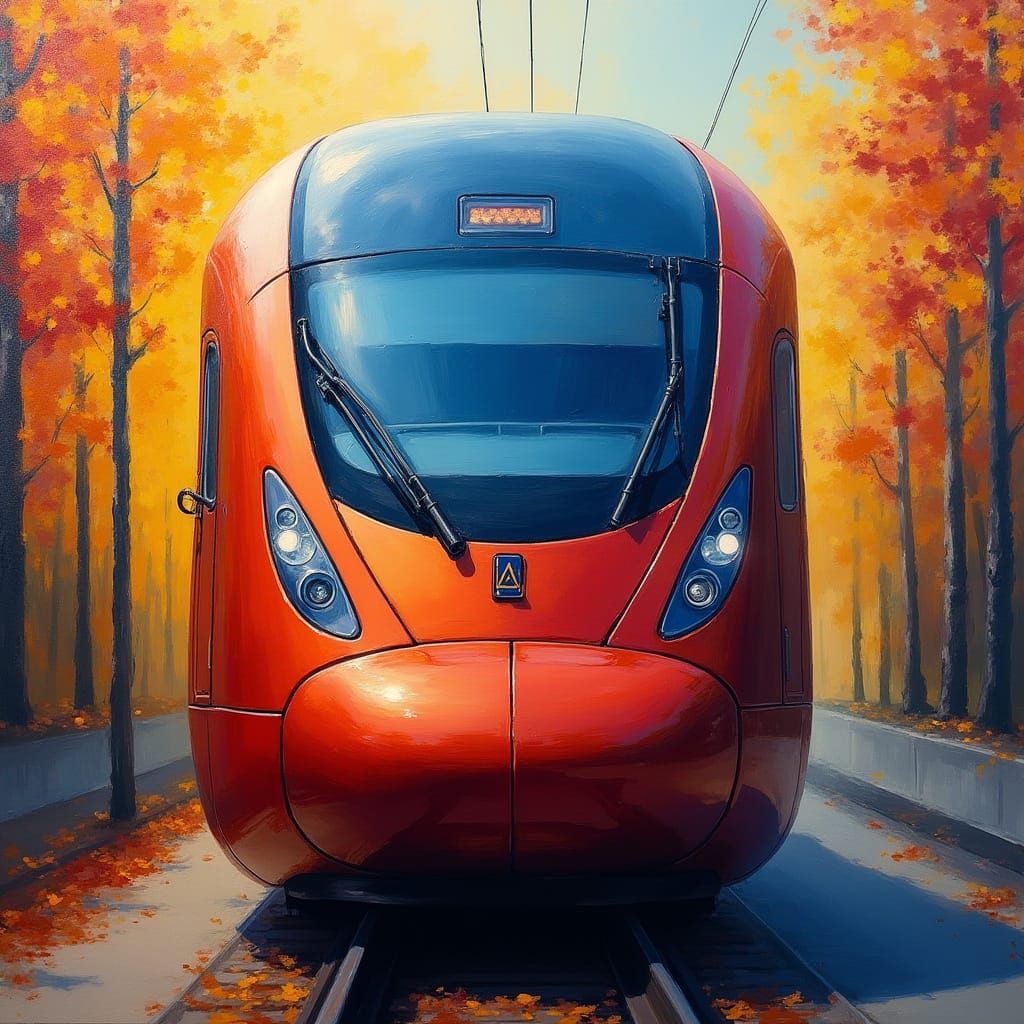 Surreal Oil Painting of a Vibrant Electric Train in Serene L...
