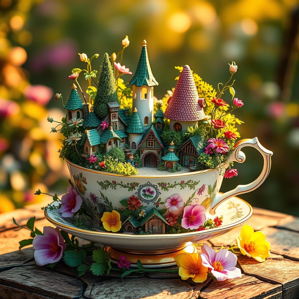 Whimsical Fairy Village in Vintage China Tea Cup